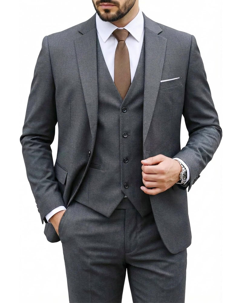 MYS MY'S Men's 3 Piece Suit Set with Tie, One Button Slim Fit Solid Jacket Vest Pants, Prom Party Wedding Business Suits for Men, Dark Grey XX-Large - Image 1